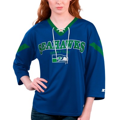 Женская Seattle Seahawks Starter Navy Rally Lace-Up 3/4 Sleeve T-Shirt