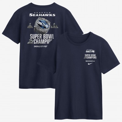 Seattle Seahawks Nike College Navy Two-Time Super Bowl Champions Downtown Ring Club T-Shirt