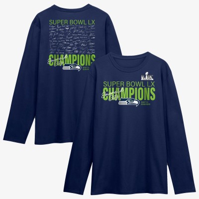 Seattle Seahawks Fanatics College Navy Super Bowl LX Champions Autograph Signing Long Sleeve Roster T-Shirt