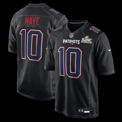 New England Patriots Drake Maye Nike Black Super Bowl LX Patch Carbon Fashion Game Jersey