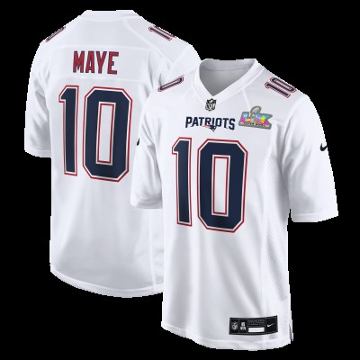 New England Patriots Drake Maye Nike White Super Bowl LX Patch Tundra Fashion Game Jersey