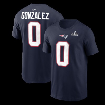 New England Patriots Christian Gonzalez Nike Navy Super Bowl LX Patch Name & Number T-Shirt