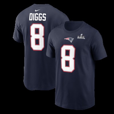 New England Patriots Stefon Diggs Nike Navy Super Bowl LX Patch Name & Number T-Shirt