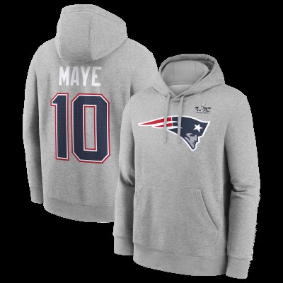 New England Patriots Drake Maye Nike Heather Gray Super Bowl LX Patch Name & Number Hoodie