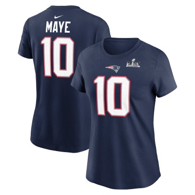 Женская New England Patriots Drake Maye Nike Navy Super Bowl LX Patch Name & Number T-Shirt