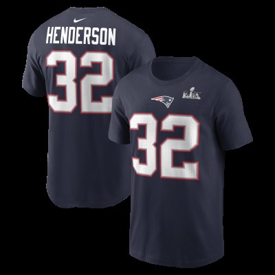 New England Patriots TreVeyon Henderson Nike Navy Super Bowl LX Patch Name & Number T-Shirt