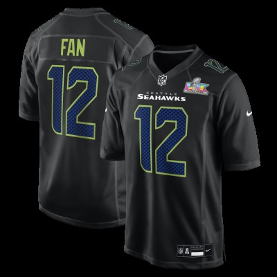 Seattle Seahawks 12s Nike Black Super Bowl LX Patch Carbon Fashion Game Jersey