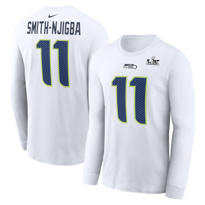 Футболка с длинным рукавом Seattle Seahawks Jaxon Smith-Njigba Nike White Super Bowl LX Champions Patch Name & Number