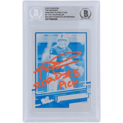 Tua Tagovailoa Miami Dolphins Autographed 2020 Panini Donruss The Rookies Cyan Printing Plate #2 #1/1 Beckett Fanatics Witnessed Authenticated Rookie Card with 2020 #5 Pick Inscription