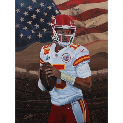 Patrick Mahomes Kansas City Chiefs Deacon Jones Foundation MVP American Anthem 24 x 32 Fine Art Print by Edgar Brown