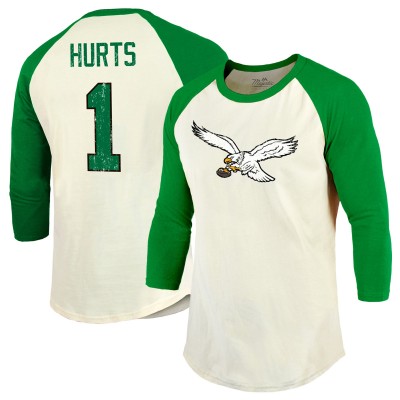 Футболка с рукавом 3/4 Jalen Hurts Philadelphia Eagles Majestic Threads Alternate Player Name & Number Raglan - Cream/Kelly Green