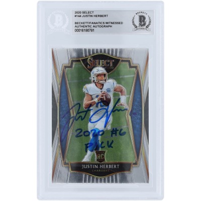 Justin Herbert Los Angeles Chargers Autographed 2020 Panini Select Premier Level #144 Beckett Fanatics Witnessed Authenticated Rookie Card with 2020 #6 PICK Inscription