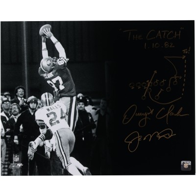 Joe Montana & Dwight Clark San Francisco 49ers Dual-Signed Fanatics Authentic 16 x 20 Black & White The Catch Photograph with The Catch 1.10.82 Inscription and Diagram of the Play