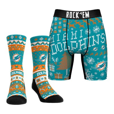 Miami Dolphins Rock Em Socks Holiday Tacky Sweater Underwear and Crew Socks Combo Pack