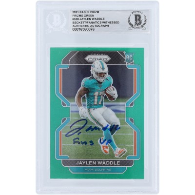 Jaylen Waddle Miami Dolphins Autographed 2021 Panini Prizm Green Prizm #338 Beckett Fanatics Witnessed Authenticated Rookie Card with Fins Up Inscription