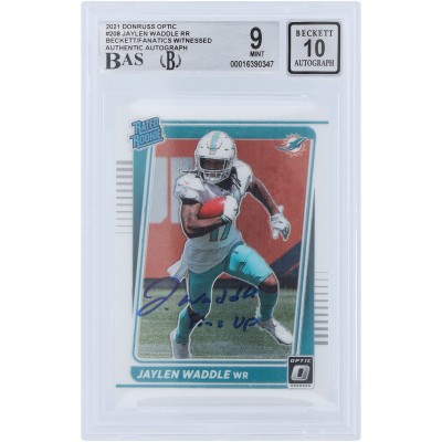 Jaylen Waddle Miami Dolphins Autographed 2021 Panini Donruss Optic Rated Rookie #208 Beckett Fanatics Witnessed Authenticated 9/10 Rookie Card with Fins Up Inscription