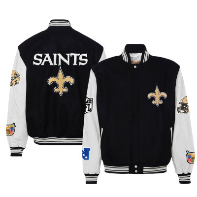 Куртка на кнопках New Orleans Saints Jeff Hamilton Black Wool & Leather Varsity