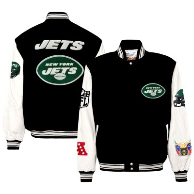 New York Jets Jeff Hamilton Black Wool & Leather Full-Snap Varsity Jacket