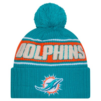 Шапка с помпоном Miami Dolphins New Era Aqua 2024 Sideline Cuffed Knit