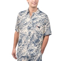 New England Patriots Margaritaville Tan Sand Washed Monstera Print Party Button-Up Shirt