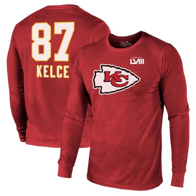 Футболка с длинным рукавом Travis Kelce Kansas City Chiefs Majestic Threads Super Bowl LVIII Name &amp; Number Tri-Blend - Red