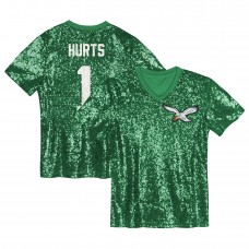 Подростковая Girls Philadelphia Eagles Jalen Hurts Kelly Green Sequin V-Neck Fashion Jersey