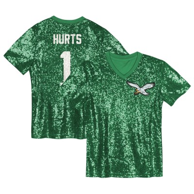 Подростковая Girls Philadelphia Eagles Jalen Hurts Kelly Green Sequin V-Neck Fashion Jersey