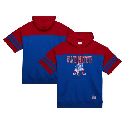 New England Patriots Mitchell & Ness Royal Off Field Vintage Logo Short Sleeve Pullover Hoodie