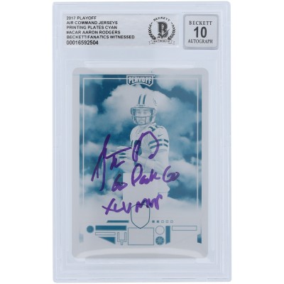 Aaron Rodgers Green Bay Packers Autographed 2017 Panini Playoff Cyan Printing Plate #AC-AR #1/1 Beckett Fanatics Witnessed Authenticated 10 Card with Multiple Inscriptions