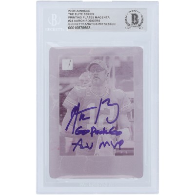 Aaron Rodgers Green Bay Packers Autographed 2020 Panini Donruss Magenta Printing Plate #24 #1/1 Beckett Fanatics Witnessed Authenticated Card with Go Pack Go and XLV MVP Inscriptions