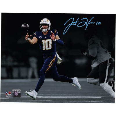 Justin Herbert Los Angeles Chargers Autographed Fanatics Authentic 11 x 14 Navy Jersey Passing Spotlight Photograph