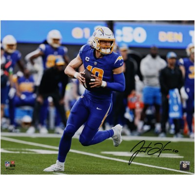 Justin Herbert Los Angeles Chargers Autographed Fanatics Authentic 16 x 20 Royal Jersey Scrambling Photograph