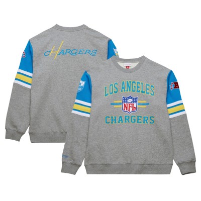 Los Angeles Chargers Mitchell & Ness Heather Gray All Over 4.0 Vintage Logo Pullover Sweatshirt