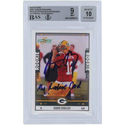 Aaron Rodgers Green Bay Packers Autographed 2005 Score #352 Beckett Fanatics Witnessed Authenticated 9/10 Rookie Card with My Rookie Card Inscription