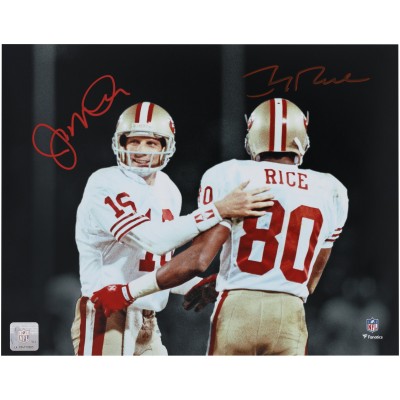 Joe Montana & Jerry Rice San Francisco 49ers Autographed Fanatics Authentic 11 x 14 Side by Side Spotlight Photograph - Signed in Red
