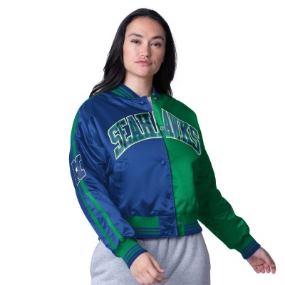 Женская Seattle Seahawks Starter College Navy/Neon Green Zone Blitz Cropped Full-Snap Satin Jacket