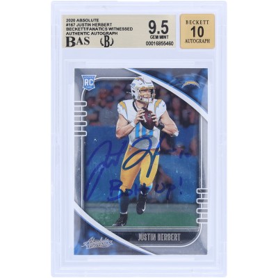 Justin Herbert Los Angeles Chargers Autographed 2020 Panini Absolute #167 Beckett Fanatics Witnessed Authenticated 9.5/10 Rookie Card with Bolt Up! Inscription