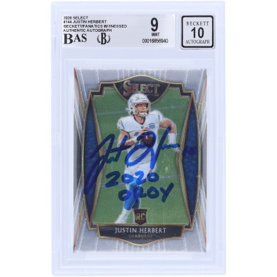 Justin Herbert Los Angeles Chargers Autographed 2020 Panini Select #144 Beckett Fanatics Witnessed Authenticated 9/10 Rookie Card with 2020 OROY Inscription