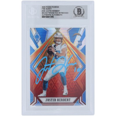 Justin Herbert Los Angeles Chargers Autographed 2020 Panini Phoenix Fire Burst Light Blue Ink #103 Beckett Fanatics Witnessed Authenticated Rookie Card