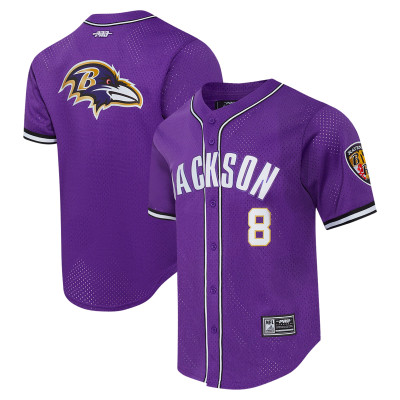 Джерси Baltimore Ravens Lamar Jackson Pro Standard Purple Mesh Button-Up Baseball