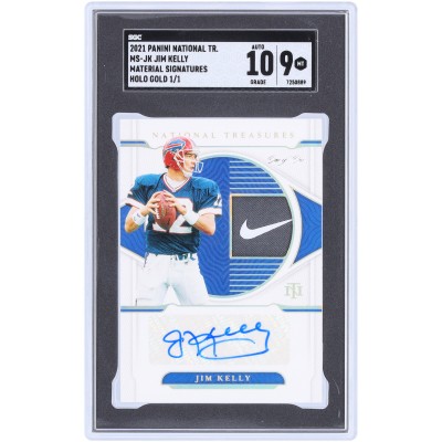 Jim Kelly Buffalo Bills Autographed 2021 Panini National Treasures Materials Holo Gold Relic #MS-JK #1/1 SGC Authenticated 9/10 Card