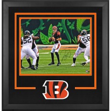 Joe Burrow Cincinnati Bengals Autographed Fanatics Authentic Deluxe Framed 16 x 20 Black Jersey Standing In Pocket Photograph