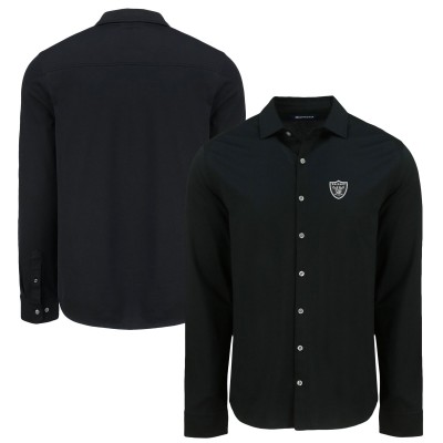 Las Vegas Raiders Cutter & Buck Black Knitted Advantage Tri-Blend Eco Soft Pique Long Sleeve Button-Up Shirt