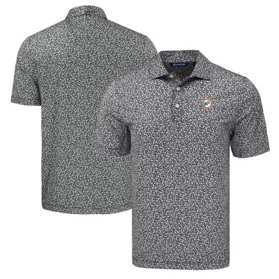 Miami Dolphins Cutter & Buck Black Pike Eco Flora Print Polo