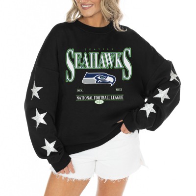 Женская Seattle Seahawks Gameday Couture Black Rhinestone Star Sleeve Settle the Score Oversized Tri-Blend Pullover