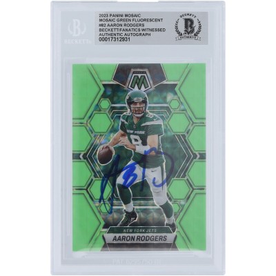 Aaron Rodgers New York Jets Autographed 2023 Panini Mosaic Green Fluorescent Mosaic #82 #/10 Beckett Fanatics Witnessed Authenticated Card