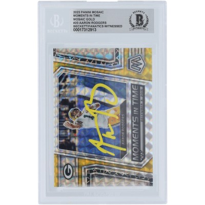 Aaron Rodgers Green Bay Packers Autographed 2023 Panini Mosaic Moments in time Gold Mosaic Yellow Ink #MT-20 #/10 Beckett Fanatics Witnessed Authenticated Card