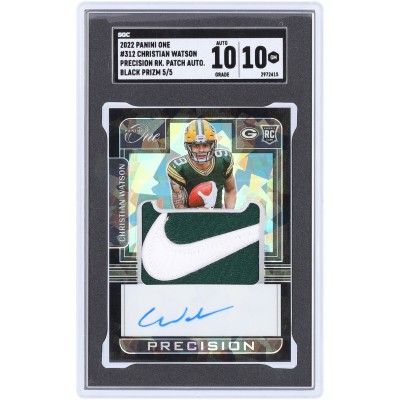 Christian Watson Green Bay Packers Autographed 2022 Panini One Black Prizm Precision Rookie 2 Color Nike Logo Relic #312 #5/5 SGC Authenticated 10/10 Rookie Card
