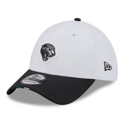 Бейсболка Jacksonville Jaguars New Era White/Black 2025 NFL Training Camp Throwback Logo 39THIRTY