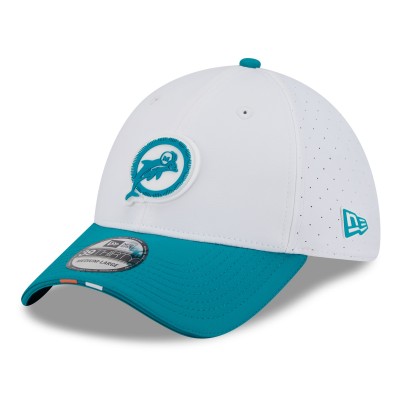 Бейсболка Miami Dolphins New Era White/Aqua 2025 NFL Training Camp Throwback Logo 39THIRTY